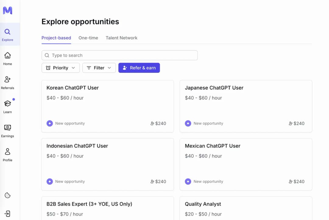 Mercor Explore opportunities list showing roles and hourly rates