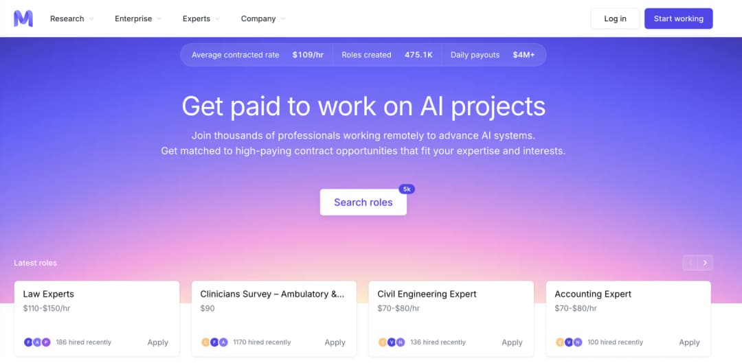 Mercor experts page: Get paid to work on AI projects, with latest roles such as Law Experts and Accounting Expert and their hourly rates