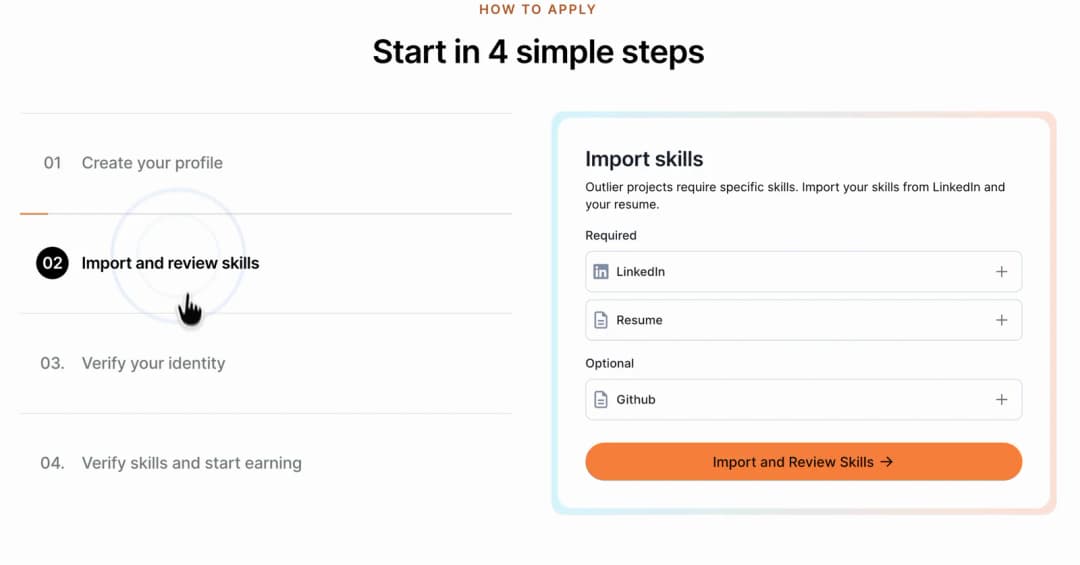Outlier step 2: Import and review skills from LinkedIn, a resume or GitHub