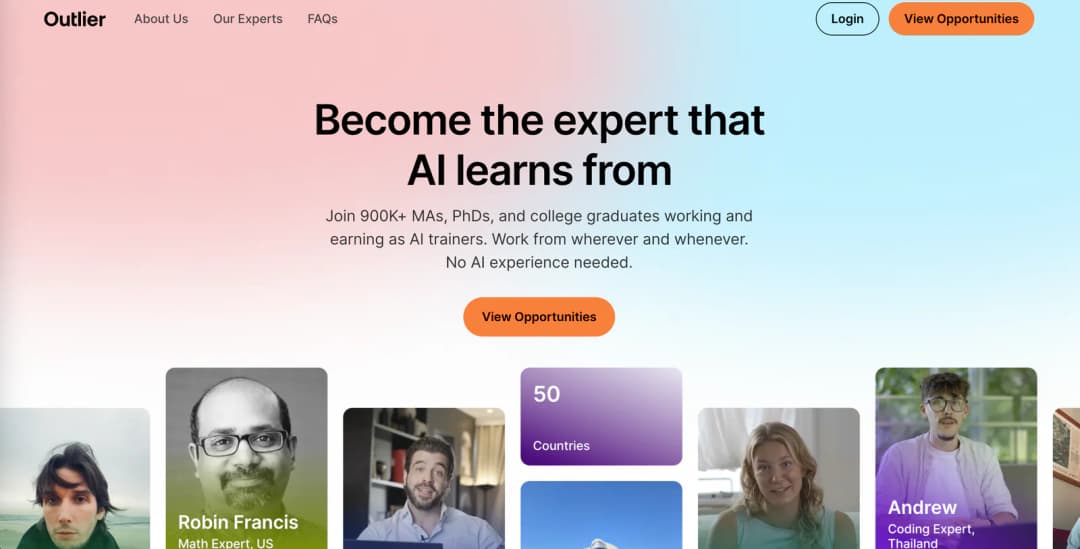 Outlier home page: Become the expert that AI learns from, with a View Opportunities button