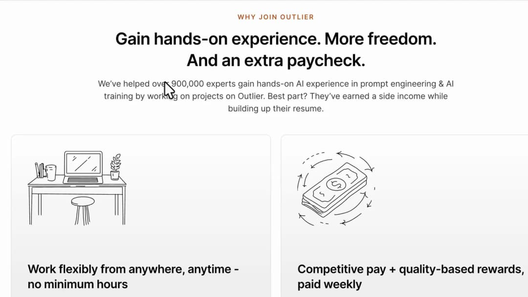 Outlier Why join section: work flexibly from anywhere with no minimum hours; competitive pay, paid weekly