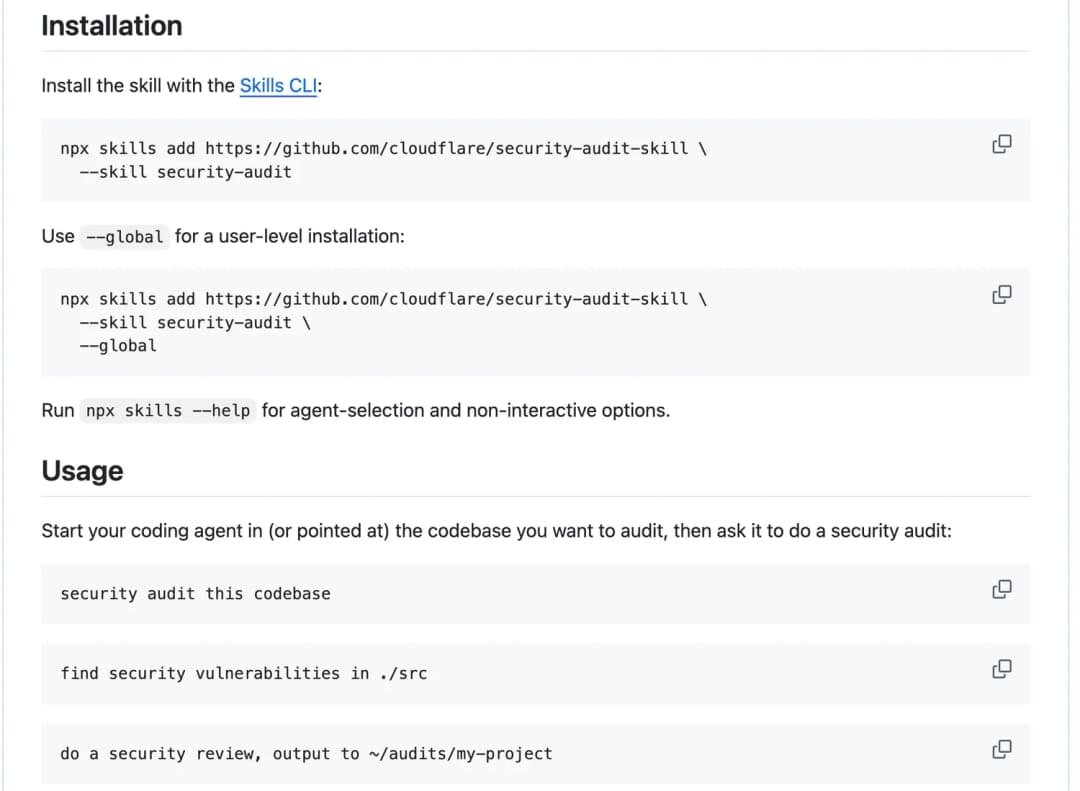 Installation and Usage sections of the security-audit README with the npx skills add command and example audit requests