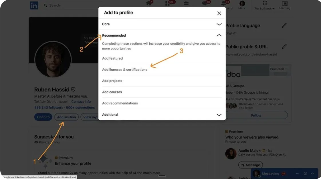LinkedIn Add to profile menu showing Add licenses & certifications option