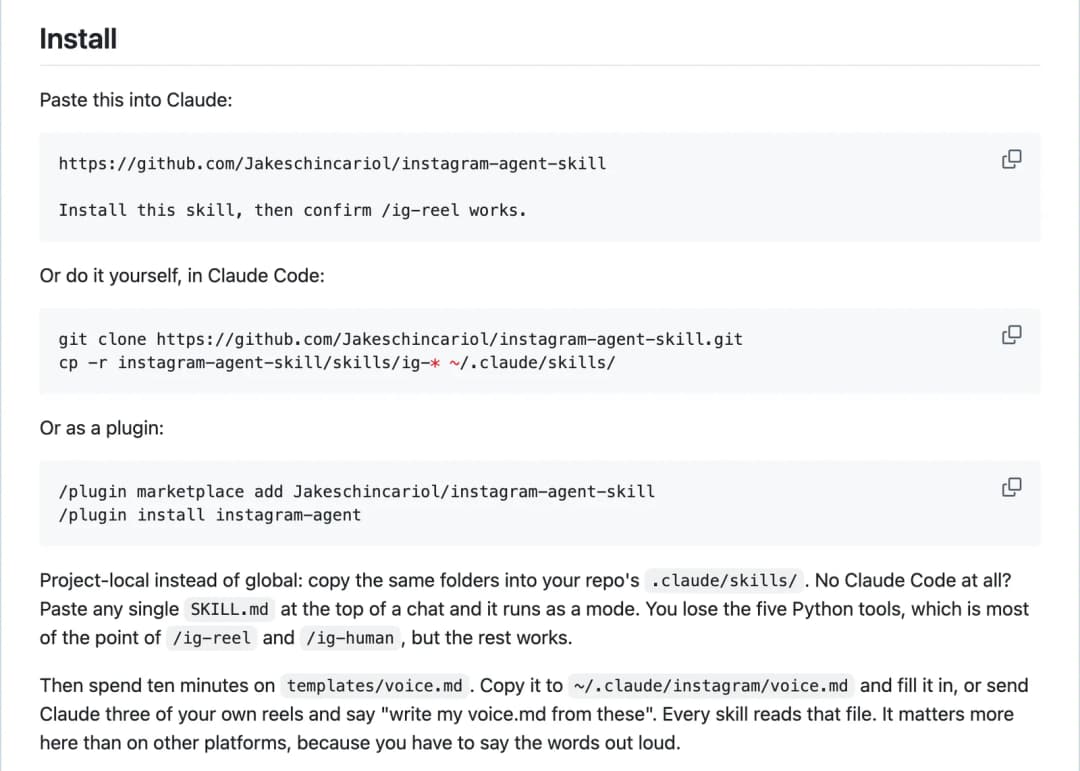 The Install section of the Instagram agent skill README with the paste-into-Claude prompt, the git clone commands and the plugin commands