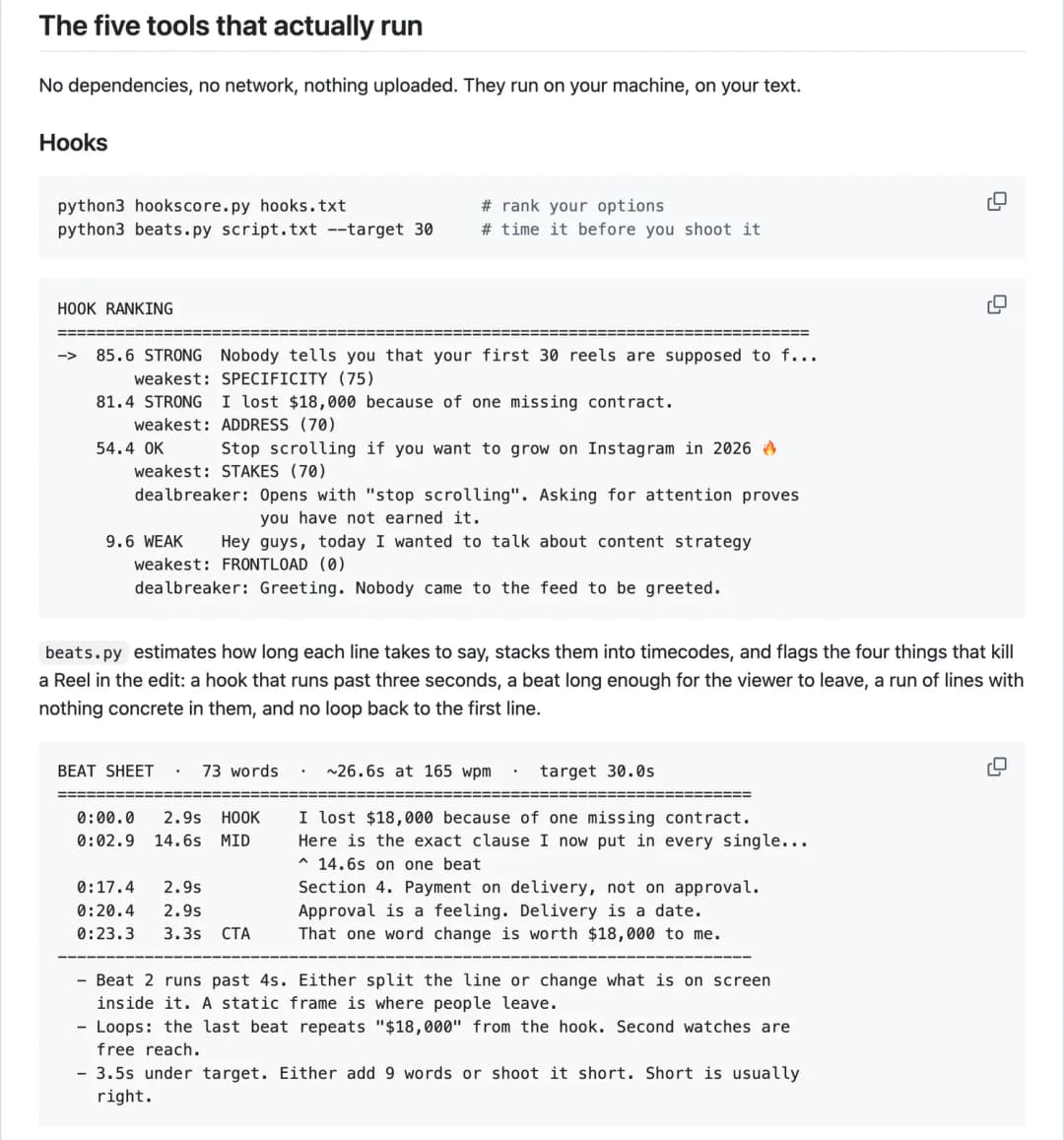 Sample hook ranking and timed beat sheet output from the Instagram agent skill README