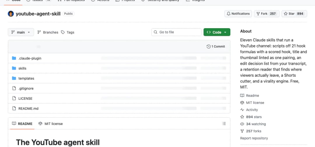 The Jakeschincariol/youtube-agent-skill repository on GitHub showing 894 stars, 257 forks and the MIT licence