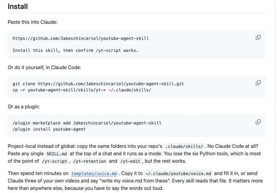 The Install section of the YouTube agent skill README with the paste-into-Claude prompt, the git clone commands and the plugin commands