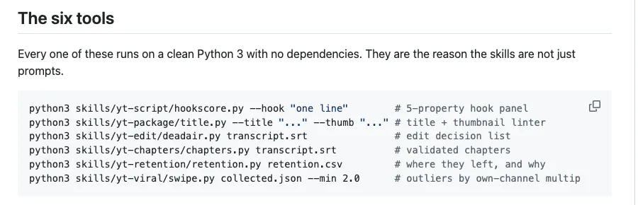 The six tools section of the YouTube agent skill README listing hookscore.py, title.py, deadair.py, chapters.py, retention.py and swipe.py