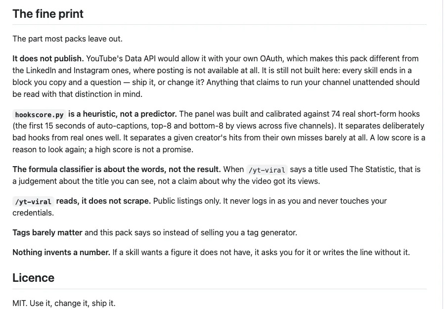 The fine print section of the YouTube agent skill README explaining that it does not publish and that the hook score is not a predictor