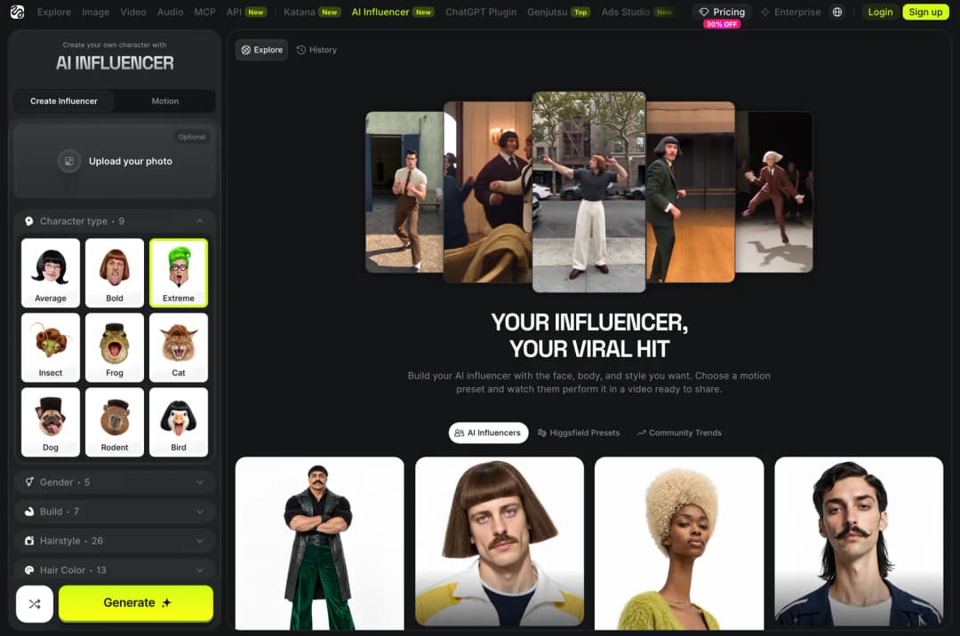 The Higgsfield AI Influencer studio with the Create Influencer and Motion tabs, the Upload your photo box, the nine character types and the Generate button