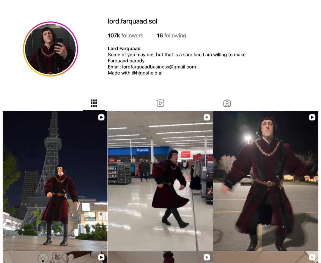 The Instagram profile of lord.farquaad.sol showing 107k followers and reels of a Lord Farquaad parody character in a supermarket and at night