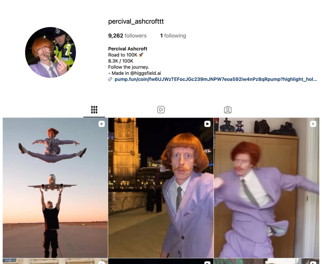 The Instagram profile of percival_ashcrofttt showing 9,262 followers and reels of a ginger character in a lilac suit