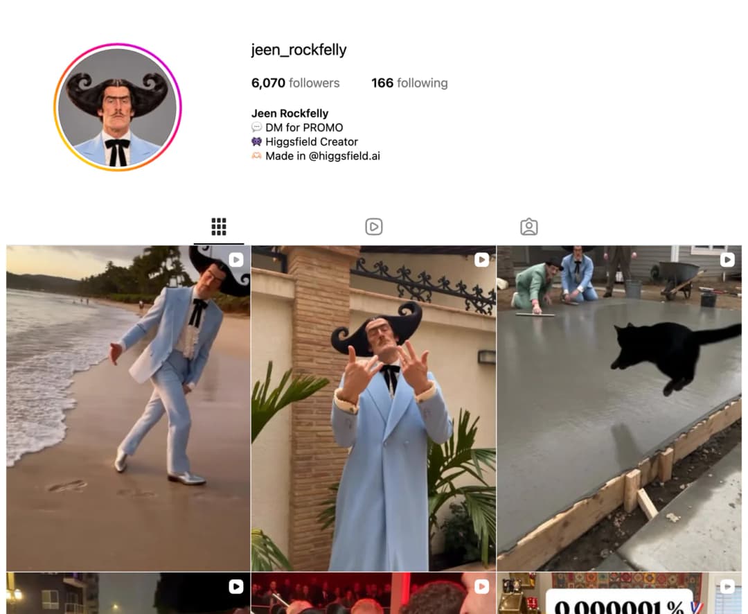 The Instagram profile of jeen_rockfelly showing 6,070 followers and reels of a character with horn-shaped hair in a pale blue suit