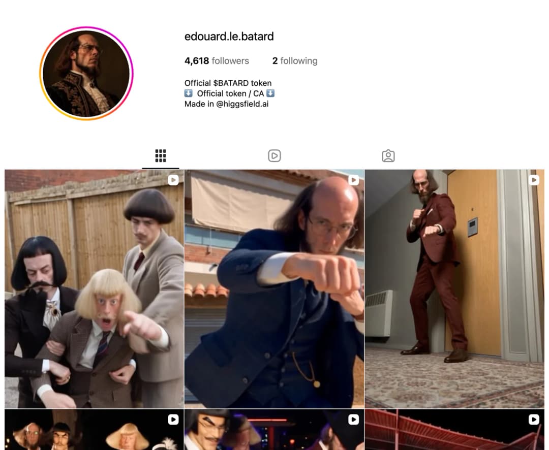 The Instagram profile of edouard.le.batard showing 4,618 followers and reels of a bald bearded character in a brown suit