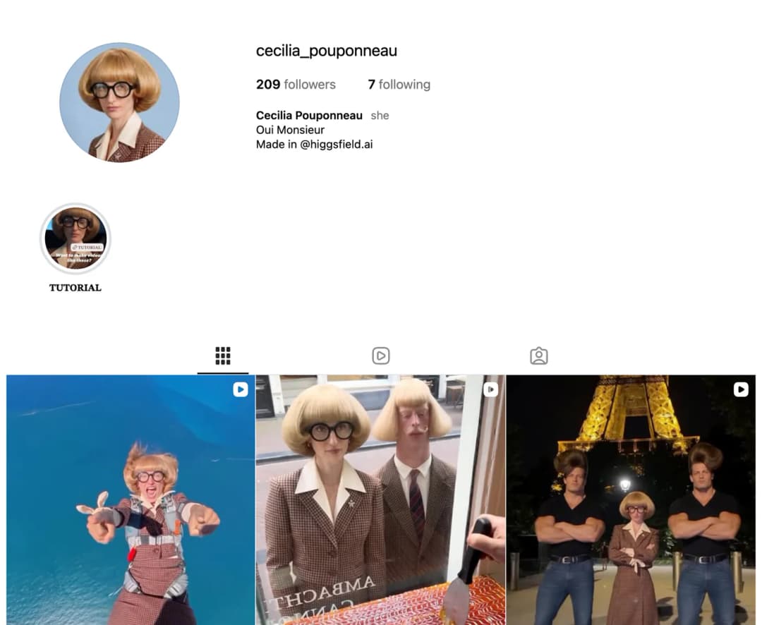 The Instagram profile of cecilia_pouponneau showing 209 followers and reels of a character with a blonde bob and glasses