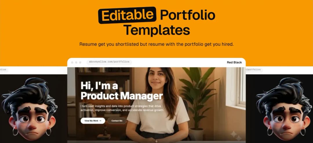 Above Yellow editable portfolio templates page showing the Red Black product manager template