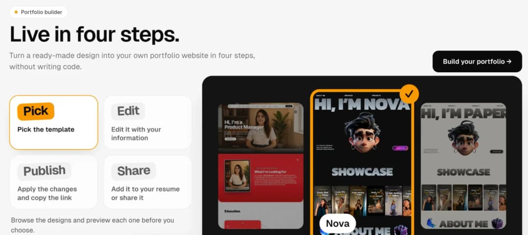 Pick step on Above Yellow: choosing the Nova template from three portfolio designs