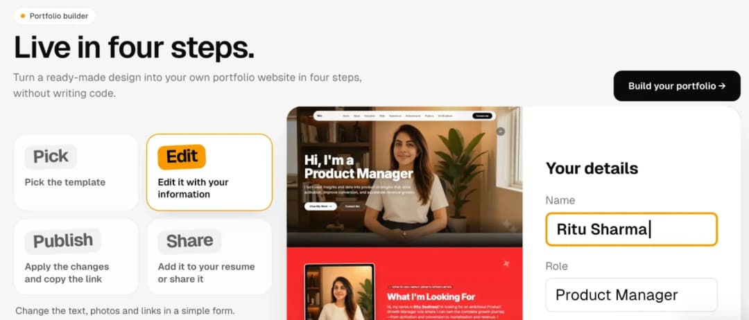Edit step on Above Yellow: the Your details form with name Ritu Sharma and role Product Manager beside the live portfolio preview