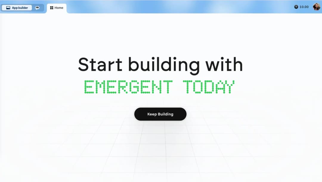 Emergent home screen with Start building with Emergent today