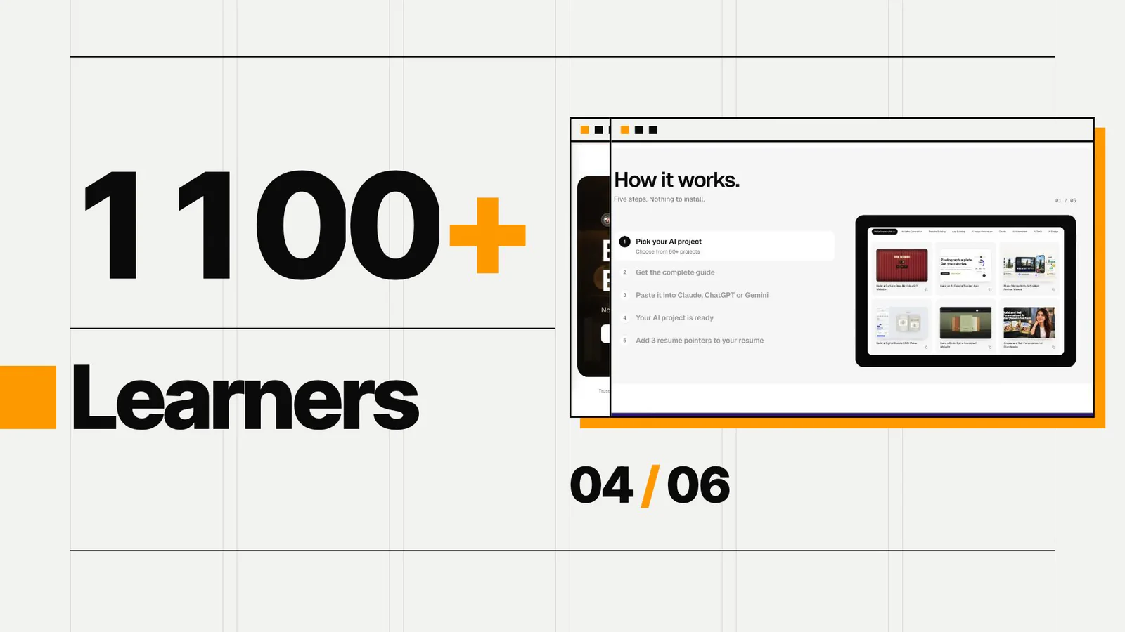 Proof frame of the product video showing 1100+ Learners beside a product screenshot in a browser card
