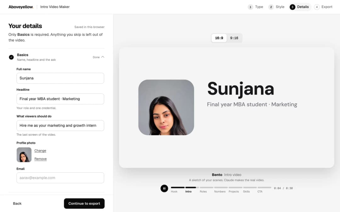 Step 3 of the Intro Video Maker with name, headline, call to action and profile photo filled in, and the Bento preview showing Sunjana and her photo