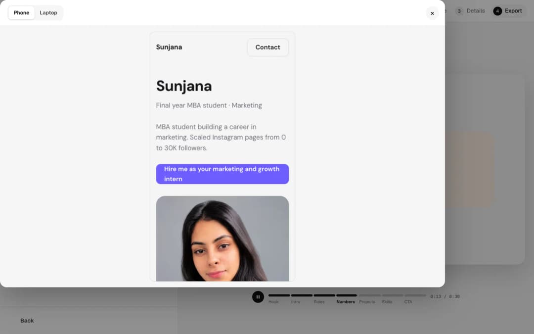 Website preview from the Intro Video Maker on a phone frame showing Sunjana, Final year MBA student, with a Hire me as your marketing and growth intern button