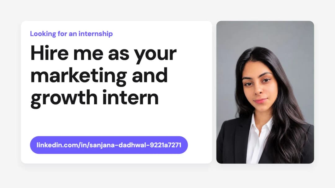 Final frame: Hire me as your marketing and growth intern with a LinkedIn link, beside a headshot