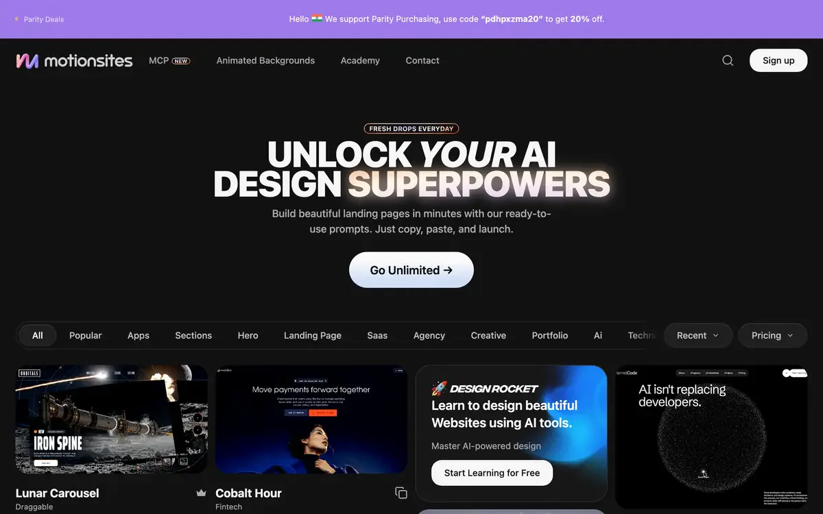 The MotionSites landing page