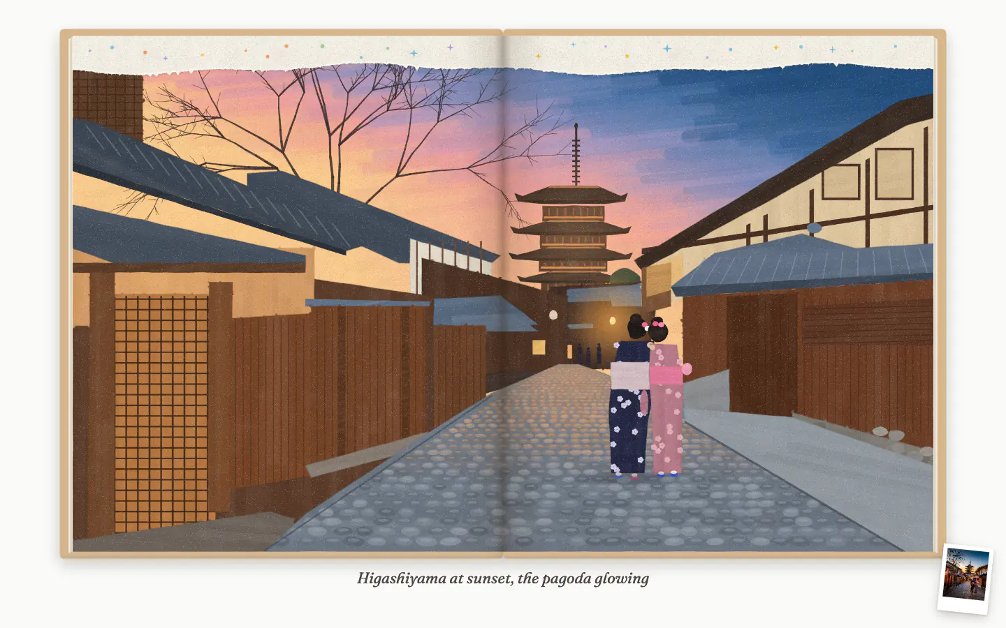 A two-page spread of the sketchbook: a Kyoto street at sunset with a pagoda and two women in kimono, drawn in acrylic-marker style